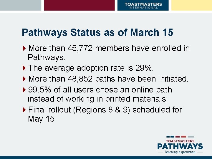 Pathways Status as of March 15 4 More than 45, 772 members have enrolled