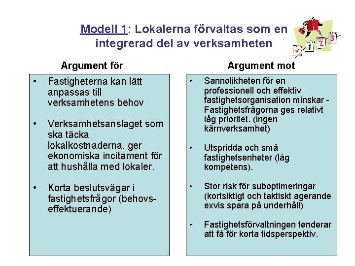 Modell 1: Lokalerna förvaltas som en integrerad del av verksamheten Argument för • Fastigheterna
