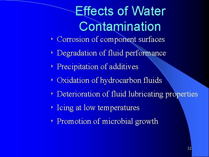 Effects of Water Contamination 8 Corrosion of component surfaces 8 Degradation of fluid performance