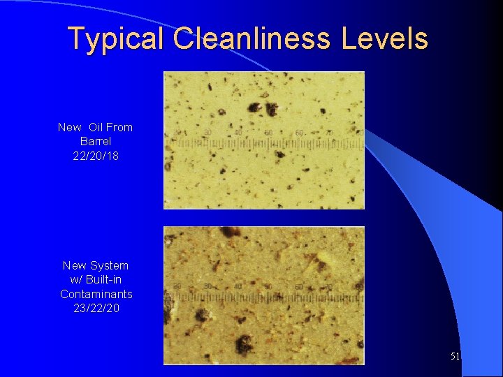 Typical Cleanliness Levels New Oil From Barrel 22/20/18 New System w/ Built-in Contaminants 23/22/20