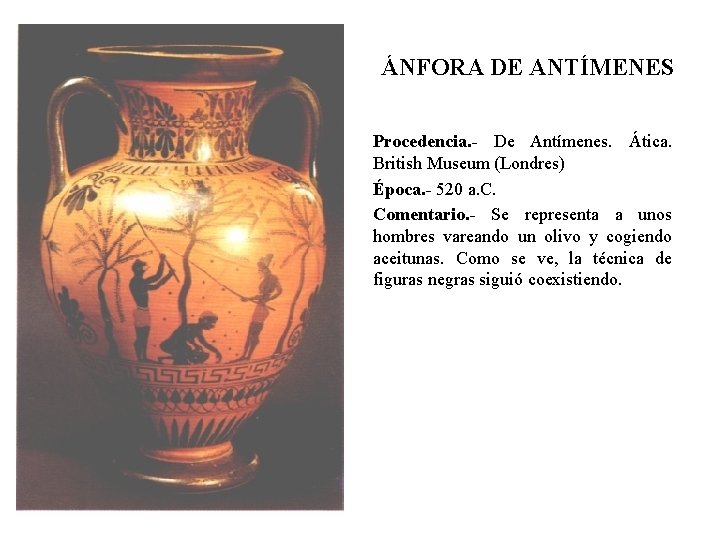 ÁNFORA DE ANTÍMENES Procedencia. - De Antímenes. Ática. British Museum (Londres) Época. - 520