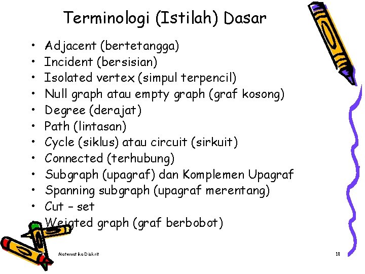 Terminologi (Istilah) Dasar • • • Adjacent (bertetangga) Incident (bersisian) Isolated vertex (simpul terpencil)