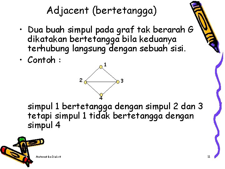 Adjacent (bertetangga) • Dua buah simpul pada graf tak berarah G dikatakan bertetangga bila