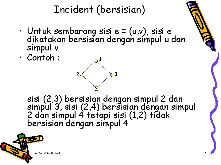 Incident (bersisian) • Untuk sembarang sisi e = (u, v), sisi e dikatakan bersisian