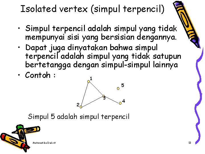 Isolated vertex (simpul terpencil) • Simpul terpencil adalah simpul yang tidak mempunyai sisi yang