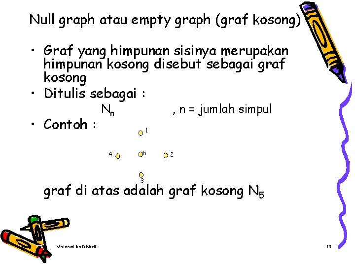 Null graph atau empty graph (graf kosong) • Graf yang himpunan sisinya merupakan himpunan