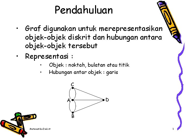 Pendahuluan • Graf digunakan untuk merepresentasikan objek-objek diskrit dan hubungan antara objek-objek tersebut •