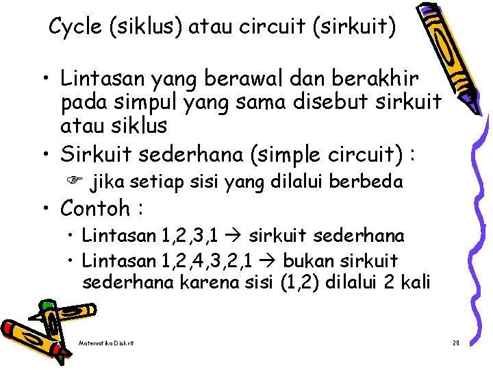 Cycle (siklus) atau circuit (sirkuit) • Lintasan yang berawal dan berakhir pada simpul yang