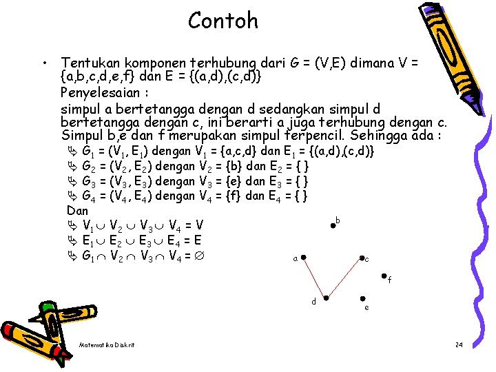 Contoh • Tentukan komponen terhubung dari G = (V, E) dimana V = {a,