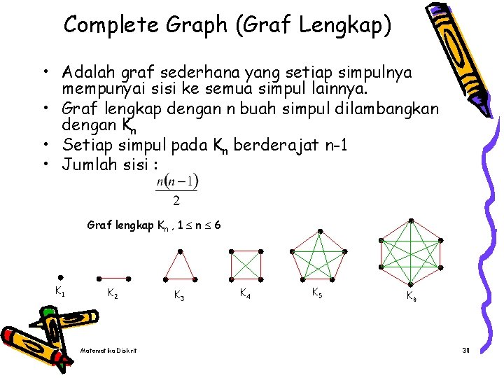Complete Graph (Graf Lengkap) • Adalah graf sederhana yang setiap simpulnya mempunyai sisi ke