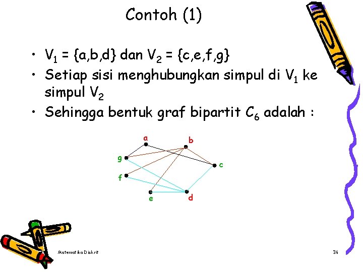 Contoh (1) • V 1 = {a, b, d} dan V 2 = {c,