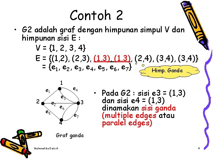 Contoh 2 • G 2 adalah graf dengan himpunan simpul V dan himpunan sisi