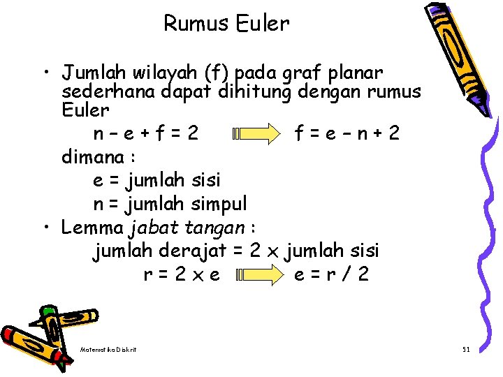 Rumus Euler • Jumlah wilayah (f) pada graf planar sederhana dapat dihitung dengan rumus