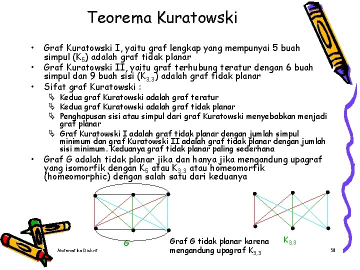 Teorema Kuratowski • • Graf Kuratowski I, yaitu graf lengkap yang mempunyai 5 buah