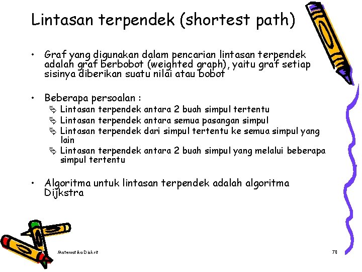 Lintasan terpendek (shortest path) • Graf yang digunakan dalam pencarian lintasan terpendek adalah graf