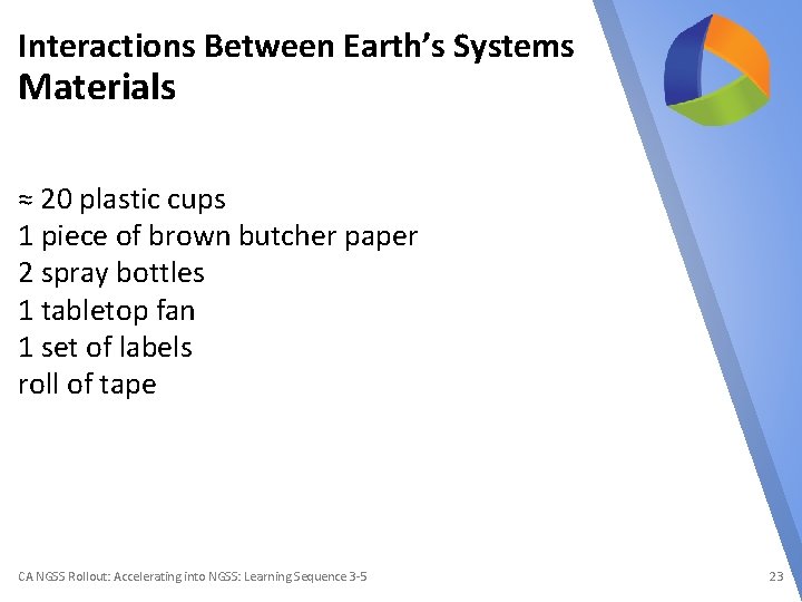 Interactions Between Earth’s Systems Materials ≈ 20 plastic cups 1 piece of brown butcher