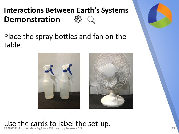 Interactions Between Earth’s Systems Demonstration Place the spray bottles and fan on the table.