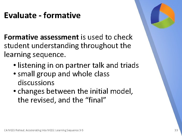 Evaluate - formative Formative assessment is used to check student understanding throughout the learning