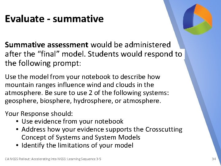 Evaluate - summative Summative assessment would be administered after the “final” model. Students would