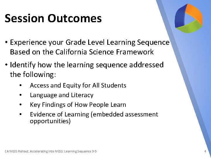 Session Outcomes • Experience your Grade Level Learning Sequence Based on the California Science