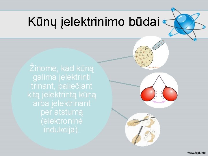 Kūnų įelektrinimo būdai Žinome, kad kūną galima įelektrinti trinant, paliečiant kitą įelektrintą kūną arba