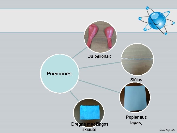 Du balionai; Priemonės: Siūlas; Drėgna medžiagos skiautė. Popieriaus lapas; 