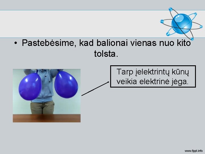  • Pastebėsime, kad balionai vienas nuo kito tolsta. Tarp įelektrintų kūnų veikia elektrinė