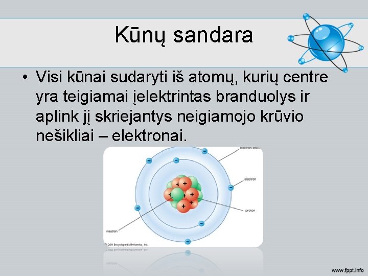 Kūnų sandara • Visi kūnai sudaryti iš atomų, kurių centre yra teigiamai įelektrintas branduolys