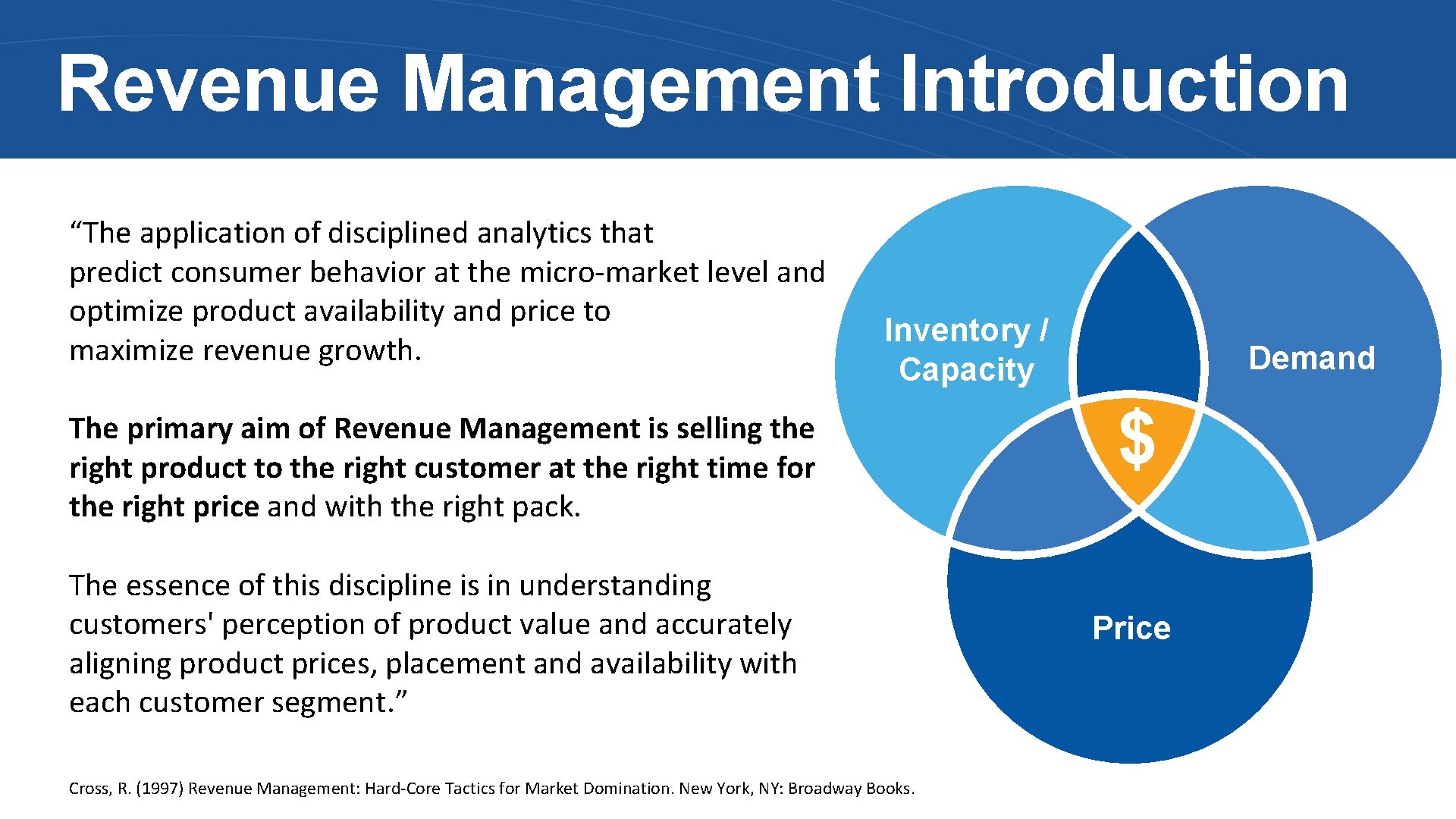 Revenue Management Introduction “The application of disciplined analytics that predict consumer behavior at the