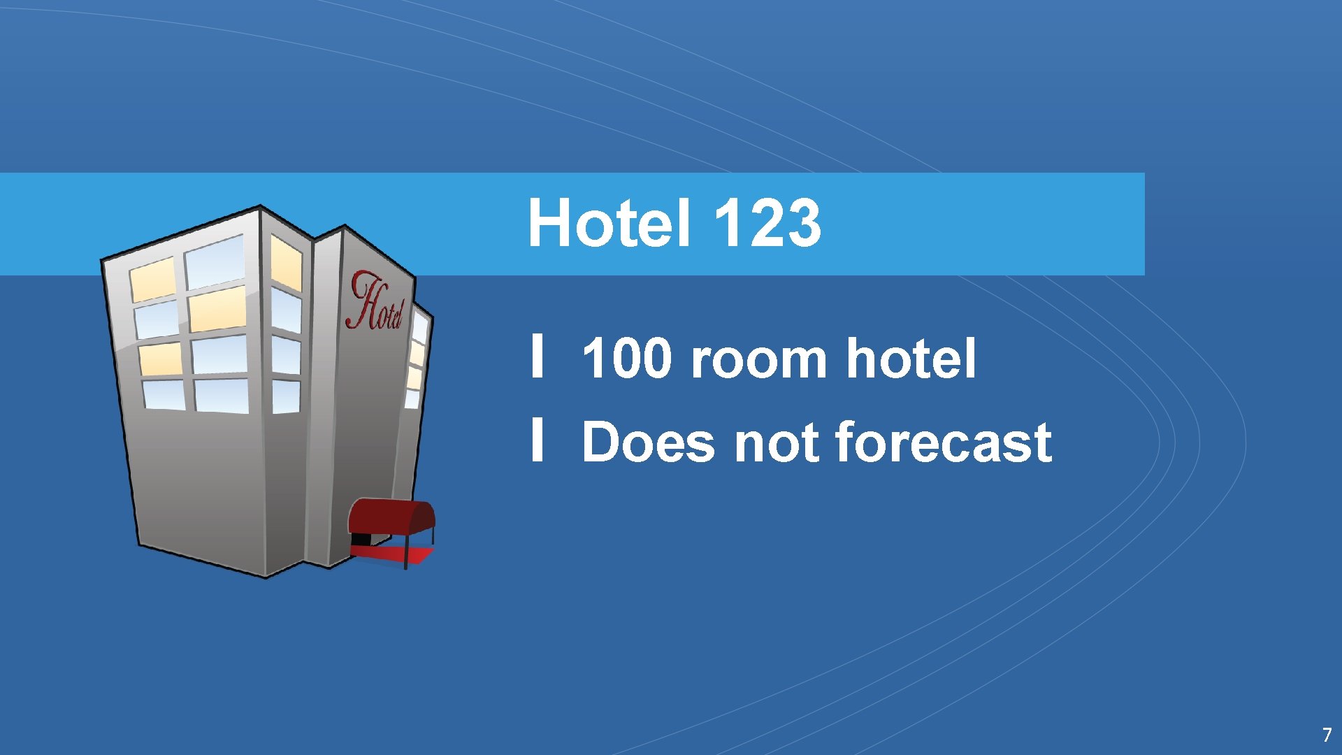 Hotel 123 100 room hotel Does not forecast 7 