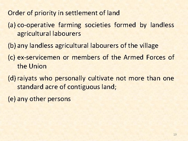 Order of priority in settlement of land (a) co-operative farming societies formed by landless