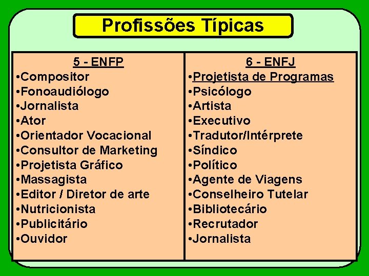 Profissões Típicas 5 - ENFP • Compositor • Fonoaudiólogo • Jornalista • Ator •