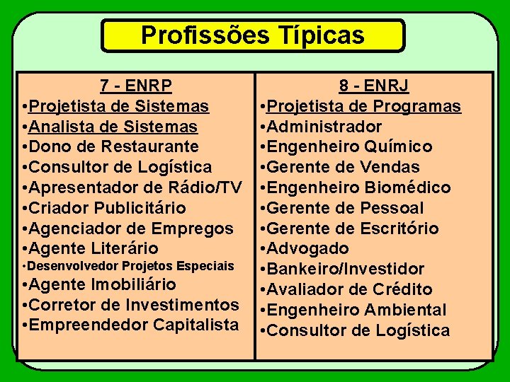 Profissões Típicas 7 - ENRP • Projetista de Sistemas • Analista de Sistemas •