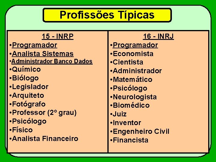 Profissões Típicas 15 - INRP • Programador • Analista Sistemas • Administrador Banco Dados