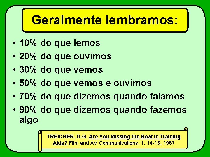 Geralmente lembramos: • • • 10% do que lemos 20% do que ouvimos 30%