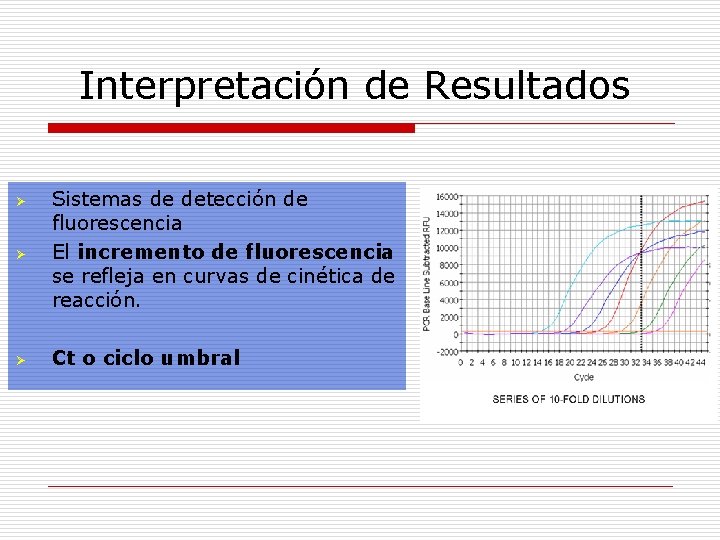 Interpretación de Resultados Ø Sistemas de detección de fluorescencia El incremento de fluorescencia se