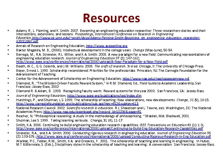 Resources • • • • • Adams, R. , L. Fleming, and K. Smith.
