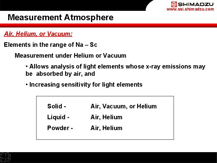 www. ssi. shimadzu. com Measurement Atmosphere Air, Helium, or Vacuum: Elements in the range