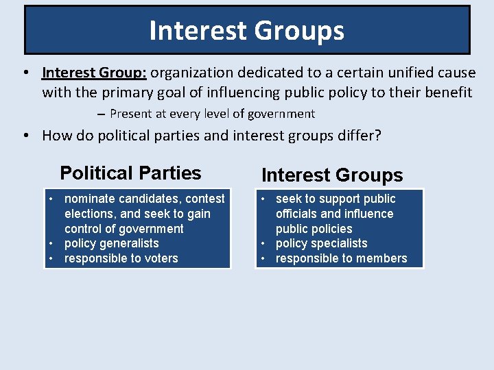 Interest Groups • Interest Group: organization dedicated to a certain unified cause with the