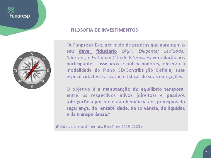 FILOSOFIA DE INVESTIMENTOS “A Funpresp-Exe, por meio de práticas que garantam o seu dever