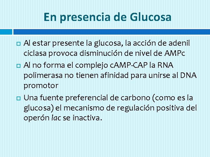 En presencia de Glucosa Al estar presente la glucosa, la acción de adenil ciclasa