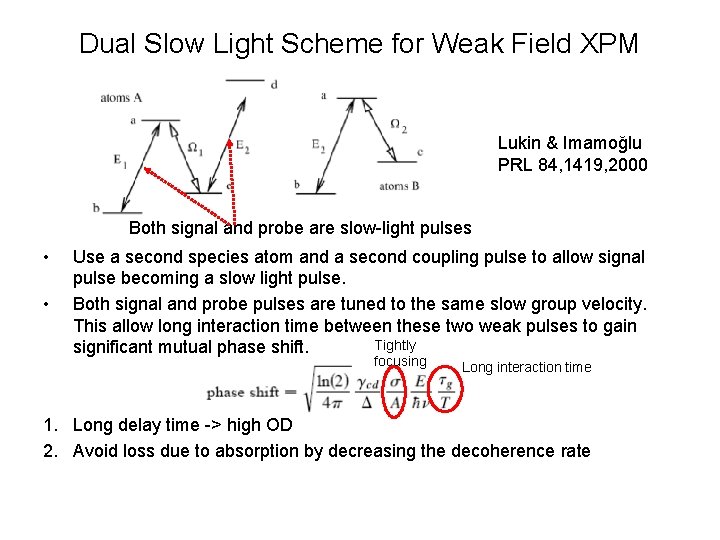 Dual Slow Light Scheme for Weak Field XPM Lukin & Imamoğlu PRL 84, 1419,