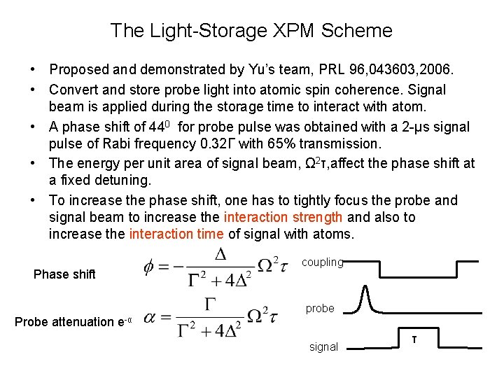 The Light-Storage XPM Scheme • Proposed and demonstrated by Yu’s team, PRL 96, 043603,