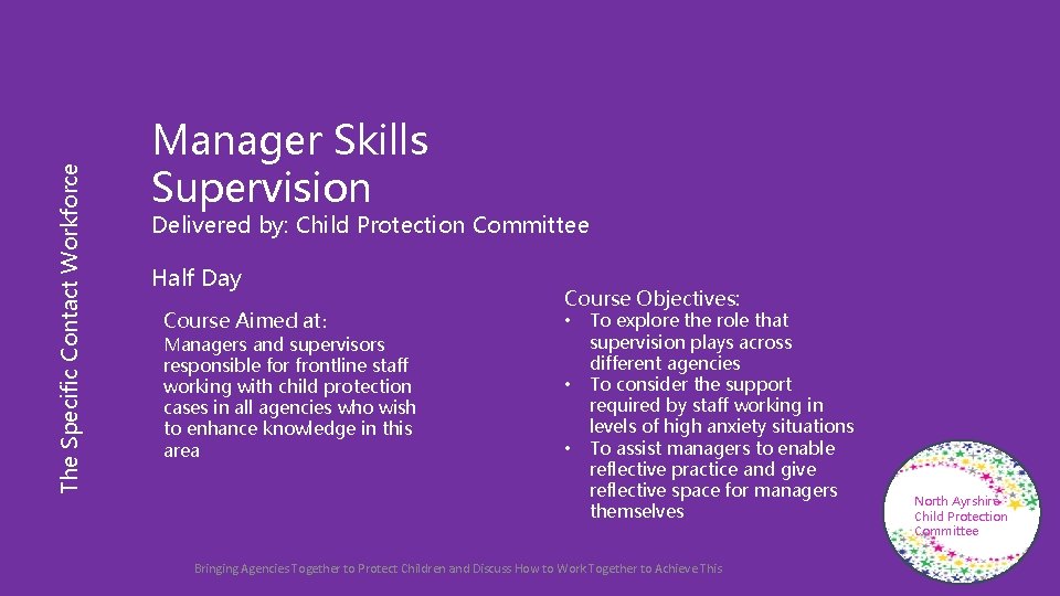 The Specific Contact Workforce Manager Skills Supervision Delivered by: Child Protection Committee Half Day