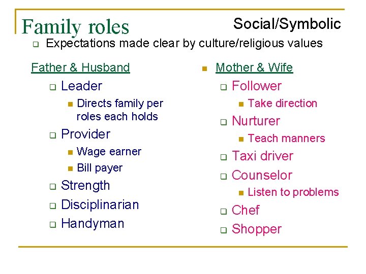 Family roles q Social/Symbolic Expectations made clear by culture/religious values Father & Husband q