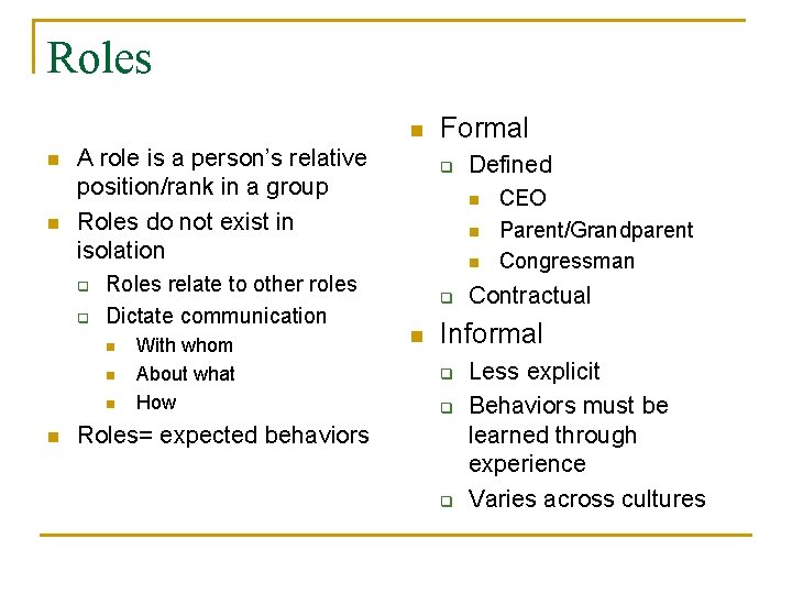 Roles n n n A role is a person’s relative position/rank in a group