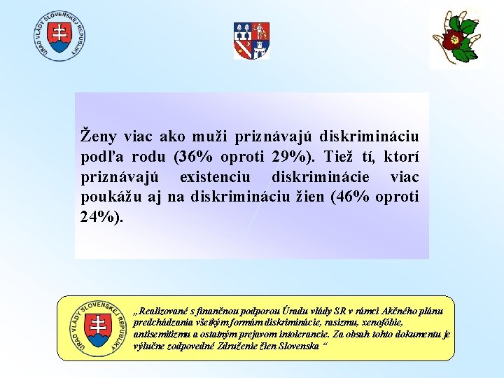 Ženy viac ako muži priznávajú diskrimináciu podľa rodu (36% oproti 29%). Tiež tí, ktorí