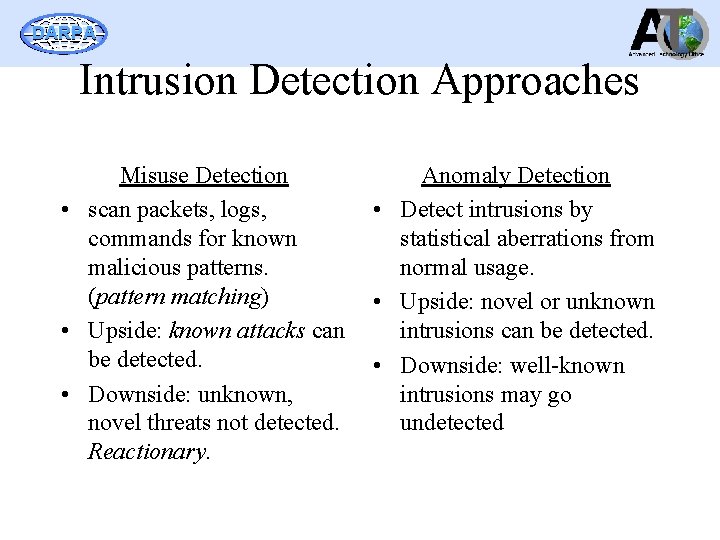 DARPA Intrusion Detection Approaches Misuse Detection • scan packets, logs, commands for known malicious