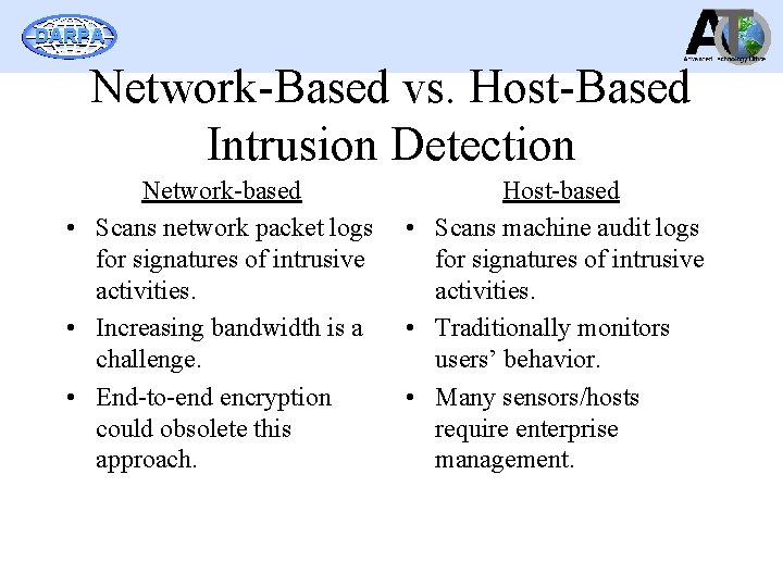 DARPA Network-Based vs. Host-Based Intrusion Detection Network-based • Scans network packet logs for signatures
