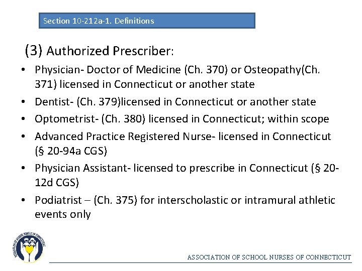Section 10 -212 a-1. Definitions (3) Authorized Prescriber: • Physician- Doctor of Medicine (Ch.